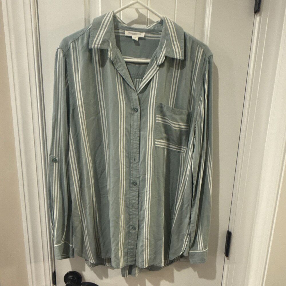 beachlunchlounge Womens Green White Striped Woven Viscose Button-Up Shirt L
